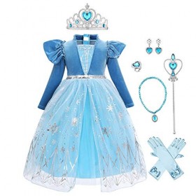 IDOPIP La Reine des Neiges Elsa Princesse Robe Manches Longues Cape Tulle Cosplay Costume de Robe et Accessoires Anniversaire