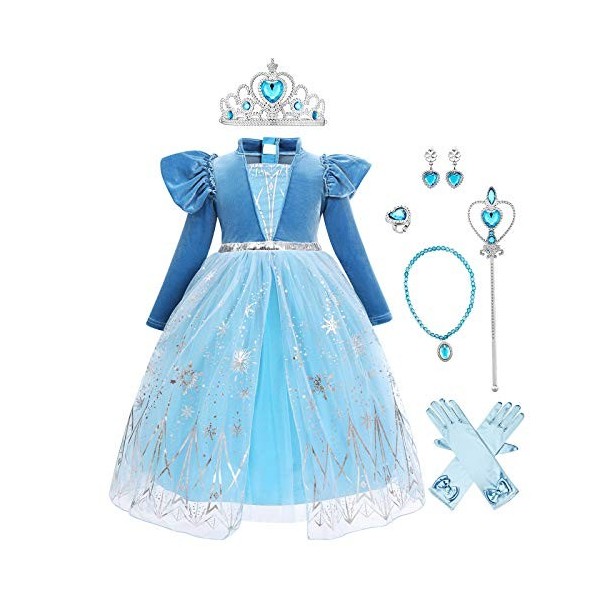 IDOPIP La Reine des Neiges Elsa Princesse Robe Manches Longues Cape Tulle Cosplay Costume de Robe et Accessoires Anniversaire