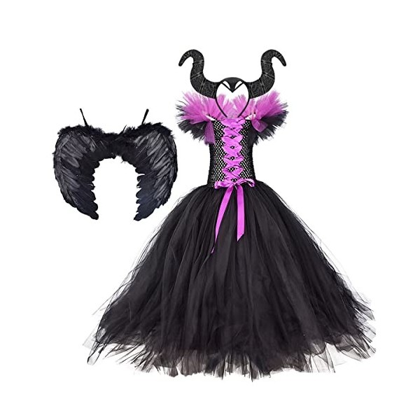 IBAKOM Enfants Filles Maléfique Costume Méchante Sorcière Méchante Reine Halloween Carnaval Cosplay Déguisement Tutu Robe Cor