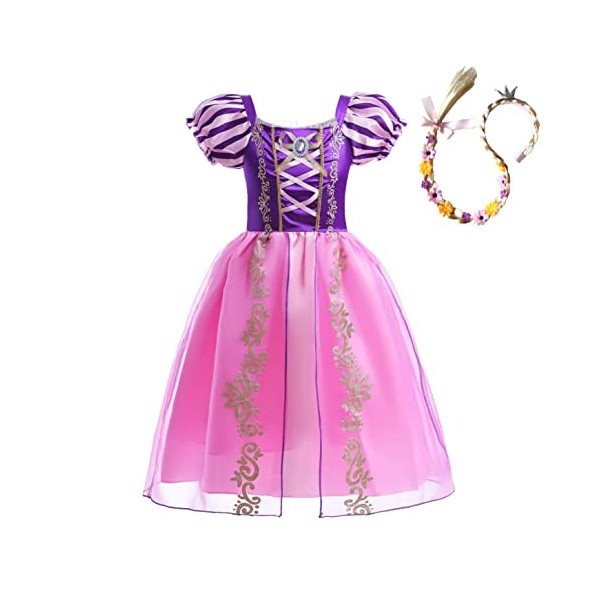Lito Angels Deguisement Robe Costume Princesse Raiponce avec Perruque Tresser Enfant Fille, Taille 10 ans étiquette en tissu