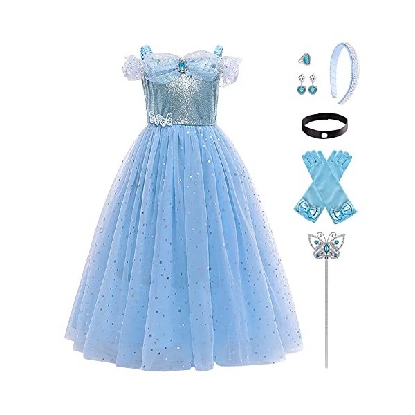 IMEKIS Enfant Fille Cendrillon Sofia Costume Princesse Halloween Noël Carnaval Cosplay Déguisement Fleur Aurora Robe avec Fée