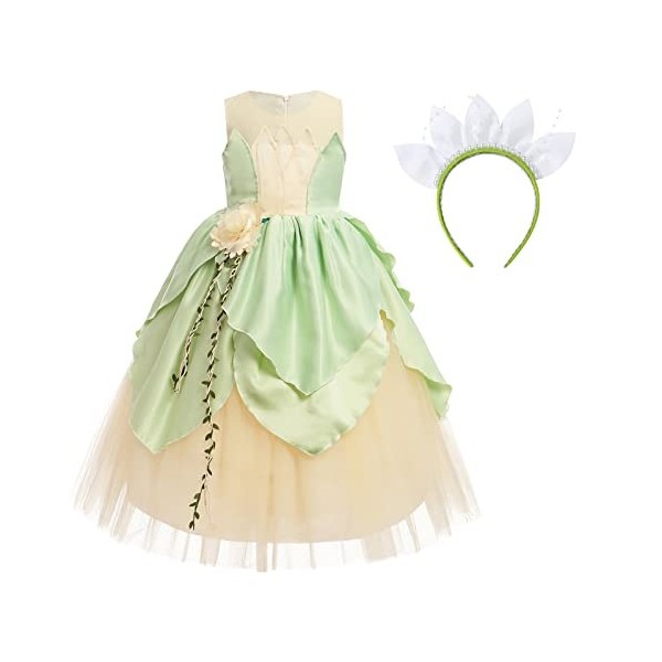 IBTOM CASTLE Costume Prinecss Tiana pour filles, robe Tiana pour enfants Cosplay Party Carnaval Fancy Dress Up Costume de la 