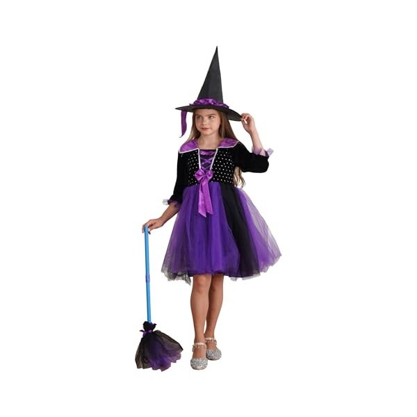Alvivi Enfant Fille Déguisement Sorcière Costume Cosplay Halloween Carnaval Fête Princesse Robe + Chepeau +Baguette + Sac De 