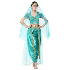 IWEMEK Femmes Aladdin Costume Adulte Arabe Jasmin Princesse Déguisement Ensemble de Vêtements Hauts et Pantalons avec Coiffe 