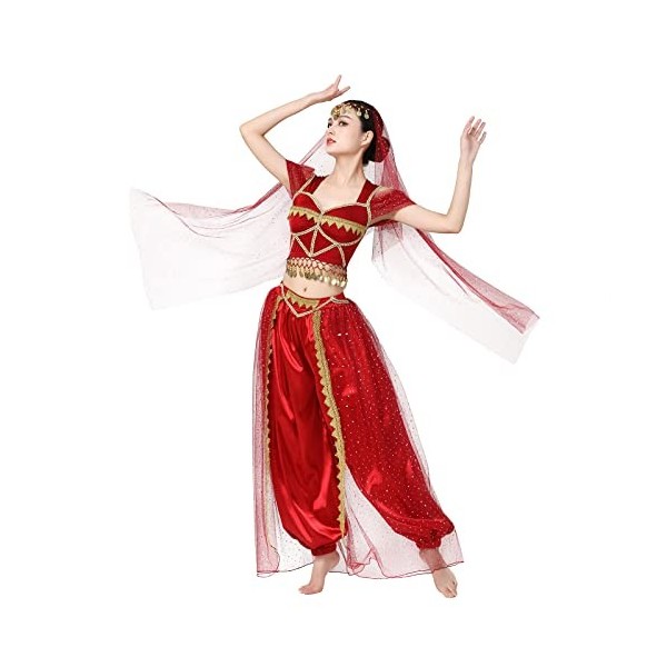 IWEMEK Femmes Aladdin Costume Adulte Arabe Jasmin Princesse Déguisement Ensemble de Vêtements Hauts et Pantalons avec Coiffe 