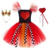 IBAKOM Enfants Filles Princesse Alice Costume Reine des Coeurs Halloween Cosplay Déguisement Hors Épaule Tulle Tutu Robe Anni