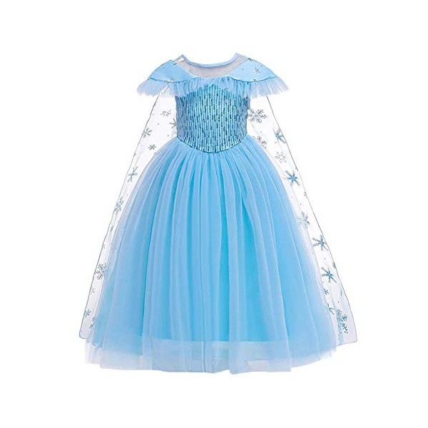OBEEII ELSA Robe Princesse Costume Fille Reine des Neiges Déguisement pour Enfants Bleu Sans Manches Vêtements Carnaval Costu