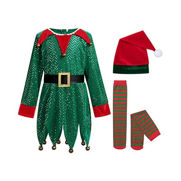 Costume delfe de Noël pour enfants et filles - Robe delfe à paillettes avec chapeau delfe, chaussures, ceinture, bas rayés