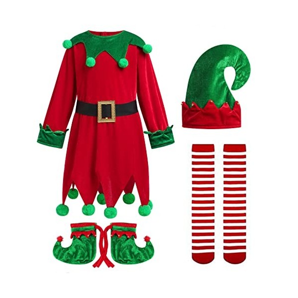 Costume delfe de Noël pour enfants et filles - Robe delfe à paillettes avec chapeau delfe, chaussures, ceinture, bas rayés