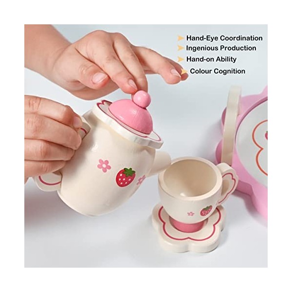 Donmills Service à thé en bois pour tout-petits, jeu de simulation pour filles, ensemble à thé pour enfants, 14 pièces, acces