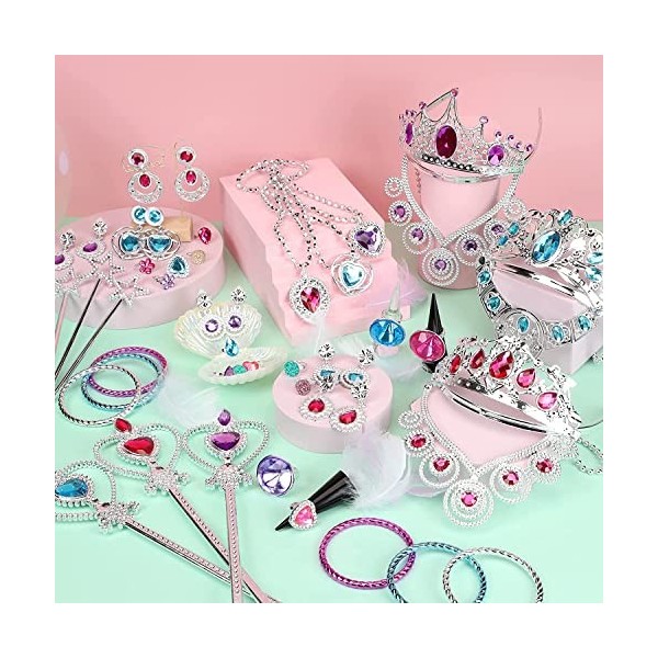Tagitary Lot de 48 ensembles de bijoux de princesse pour filles avec couronne de princesse, colliers, baguettes, bagues, bouc