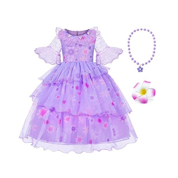 Marendyee Encanto Costumes pour filles Robe Isabella à manches courtes Violet Costume dEncanto Isabella avec guirlande de co