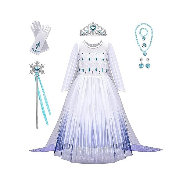 DAJASD Elsa Costume pour fille - Robe de princesse à manches longues - Robe Elsa pour fille avec couronne tressée - Gants - A