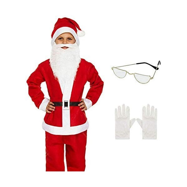 RARA® Costume de Père Noël pour garçon haut, pantalon, barbe, ceinture, lunettes, gants et chapeau ~ Déguisement de Père Noël