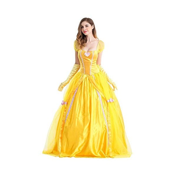 Odizli Robe de princesse pour femme - Pour Halloween, Noël, carnaval, cosplay, fête - Longue robe de bal avec gants, Jaune be