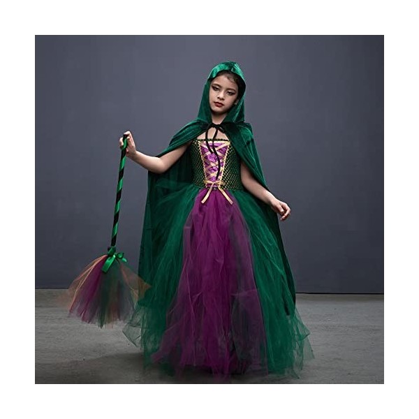 Costume dHalloween pour enfant,Costume de sorcière pour fille,Hocus Pocus Scarlet,Robe en tulle,Balai de sorcière,Cape de so