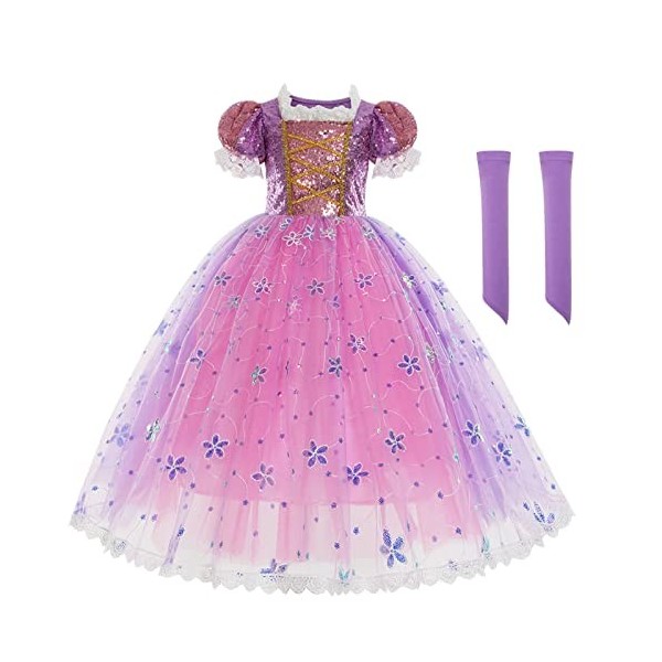 IDOPIP Enfant Fille Princesse Rraiponce Costume Déguisement Robe Soirée Cérémonie Anniversaire Noël Halloween Partie Carnaval