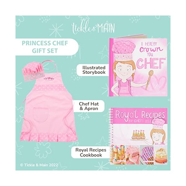 Tickle & Main Coffret Princesse Chef - Livre, tablier, chapeau et livre de recettes royales pour petites filles de 3 4 5 6 7 