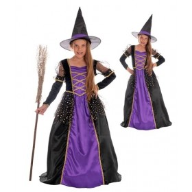 Magicoo Costume de sorcière pour enfant violet/noir/doré Taille&nbsp;110 à 140 Robe et chapeau Costume d’Halloween pour enfant