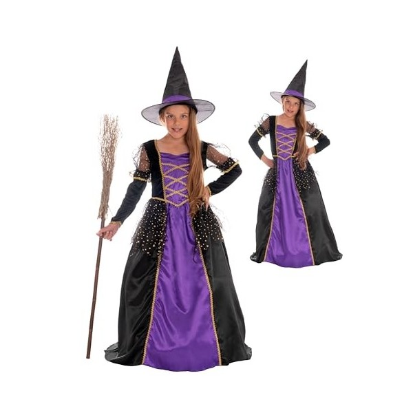 Magicoo Costume de sorcière pour enfant violet/noir/doré Taille 110 à 140 Robe et chapeau Costume d’Halloween pour enfant