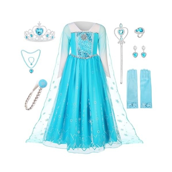 Pollen Elsa Costume de princesse pour fille - Robe de princesse Elsa - 8 pièces - Avec couronne - Diadème - Gants - Baguette 