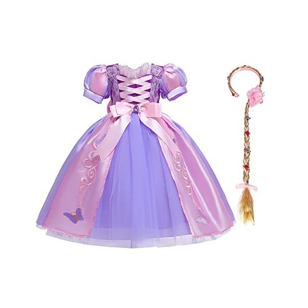 IMEKIS Filles Raiponce Costume Princesse Mardi Gras Déguisement Halloween Carnaval Cosplay Robe avec Perruque Tressée Bandeau