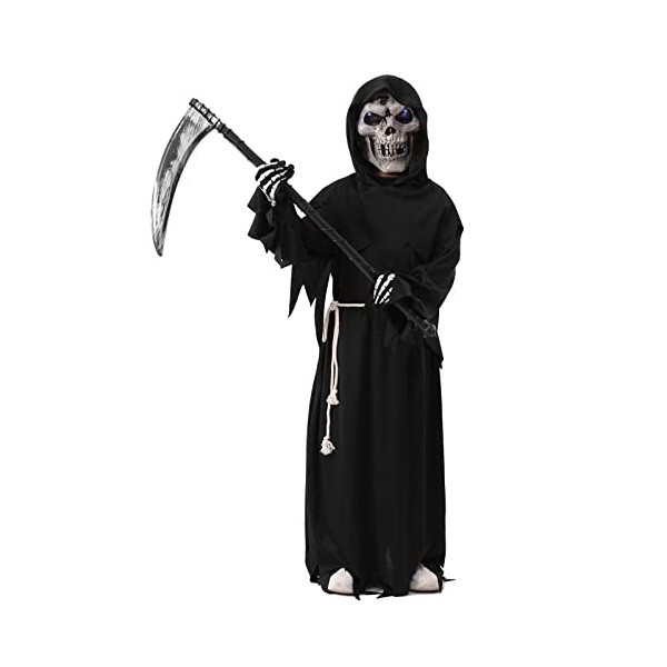 Sensemann Costume Sense Masque Crâne Gants Unisexe Costume Grim Reaper pour Halloween Fête Décoration Cosplay 7-9 Ans, Noir 