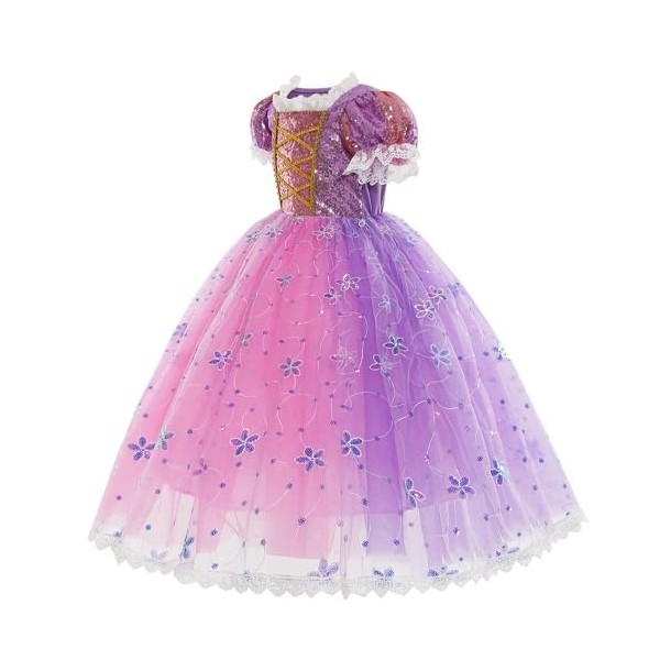 IDOPIP Enfant Fille Princesse Rraiponce Costume Déguisement Robe Soirée Cérémonie Anniversaire Noël Halloween Partie Carnaval