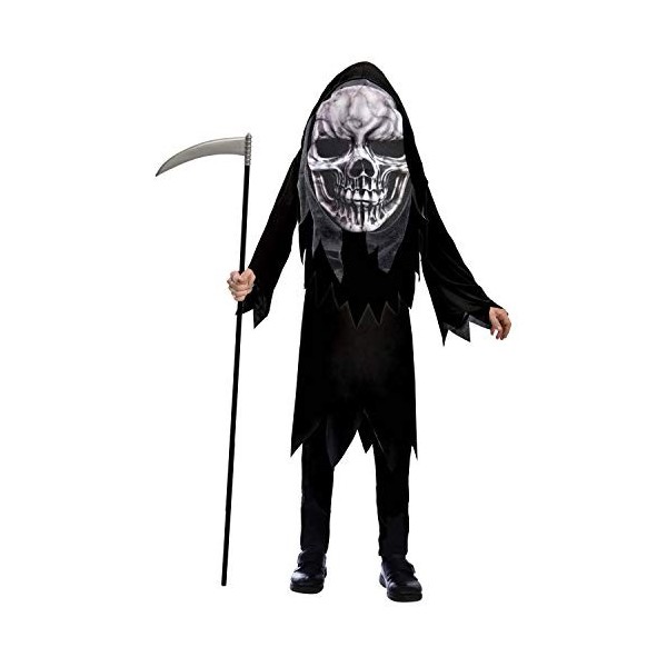 amscan 9907123 – Costume pour enfant Grim Reaper, Robe, Masque, Faucheuse, Big Head, Squelette, Fête à thème, Carnaval, Hallo