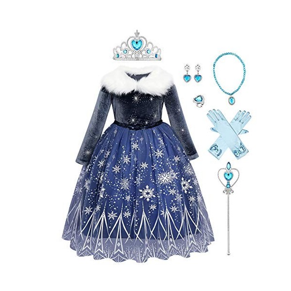 La Reine des Neiges Elsa Princesse Robe Manches Longues Cape Tulle Cosplay Costume de Robe et Accessoires Anniversaire Noël H