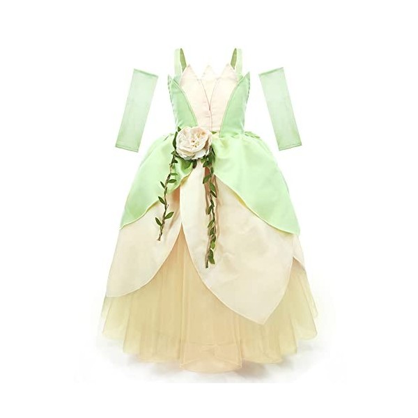 Robe de Princesse Tiana Fille Déguisement Princesse Grenouille Costume Robe avec Manches de bras Bandeau Set pour Enfants Cos