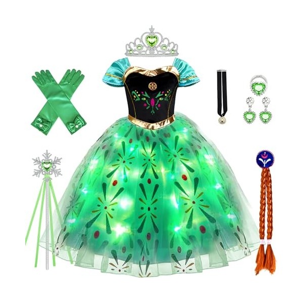 vamei LED Deguisement Anna Fille Robe Anna Enfant Princesse Robe Costume avec Perruque Couronne Gants pour Anniversaire Fête 