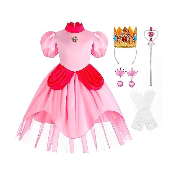 Cnexmin Fille Deguisement Princesse Peach robe de Princesse Peach Fille Costume Halloween Noël Anniversaire Fête Partie Carna