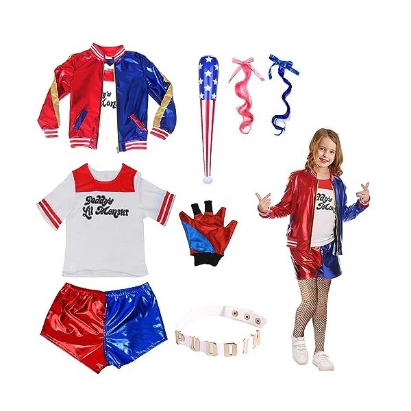 Quinn Costume de cosplay pour adultes et enfants, filles - Kit de costume de méchant comprenant veste, t-shirt, short et gant