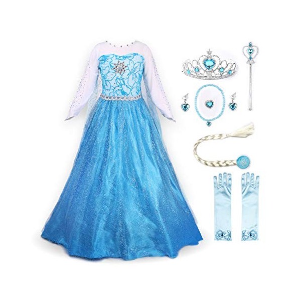 JerrisApparel Robe Costume Petites Filles Princesse Elsa Déguisement Bleu avec Accessoires, 140 