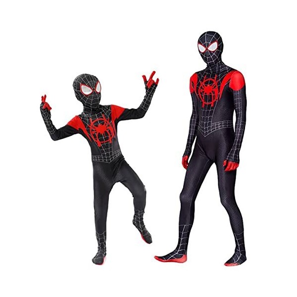 Leezeshaw Costume de super-héros Spider Miles Morales pour garçon, costume dHalloween Spiderman Miles Morales noir pour adul