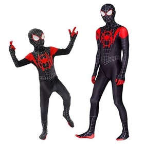 Leezeshaw Costume de super-héros Spider Miles Morales pour garçon, costume dHalloween Spiderman Miles Morales noir pour adul