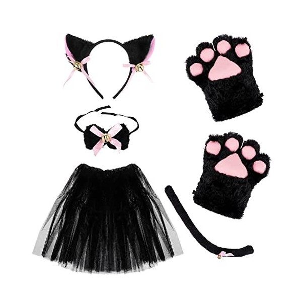 Kinsinder 6Pcs Chat Cosplay Set, Chat Oreilles Bandeau Chaton Queue Oreilles Collier Patte Gants Costume De Fête avec Jupe Tu