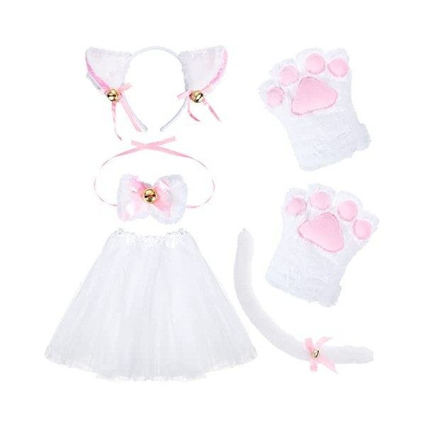 Kinsinder 6Pcs Chat Cosplay Set, Chat Oreilles Bandeau Chaton Queue Oreilles Collier Patte Gants Costume De Fête avec Jupe Tu