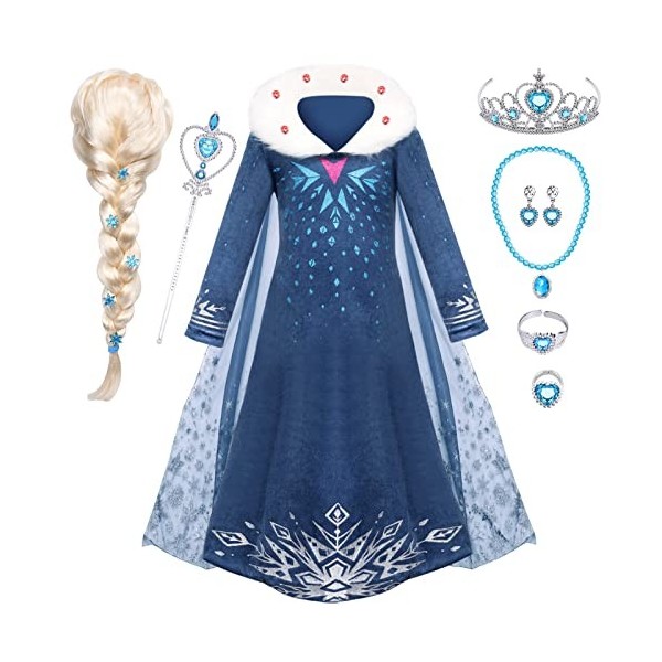 vamei Robe Elsa Fille Déguisement Princesse Elsa Robe Costume avec Perruque Couronne pour Anniversaire Fête Cosplay Halloween