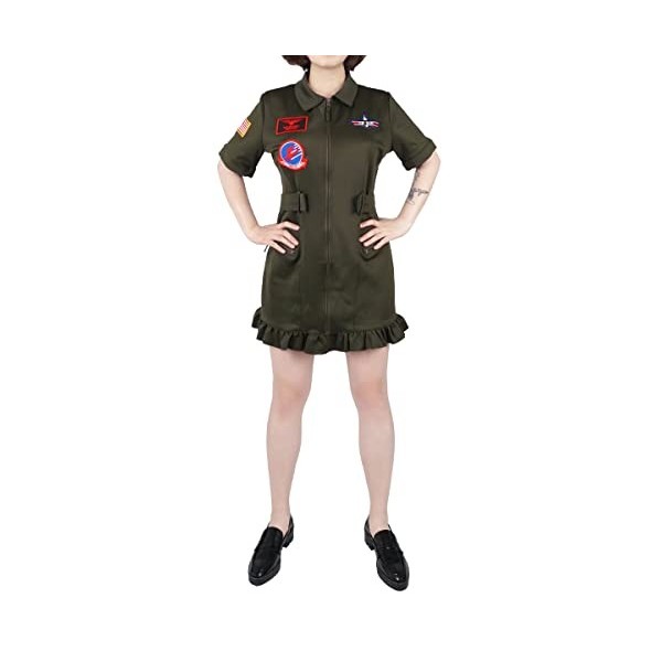 Combinaison Robe aviateur pour Fans de Top Gun | Costume de Pilote de Chasse pour Femmes | Vert Olive | Taille: M