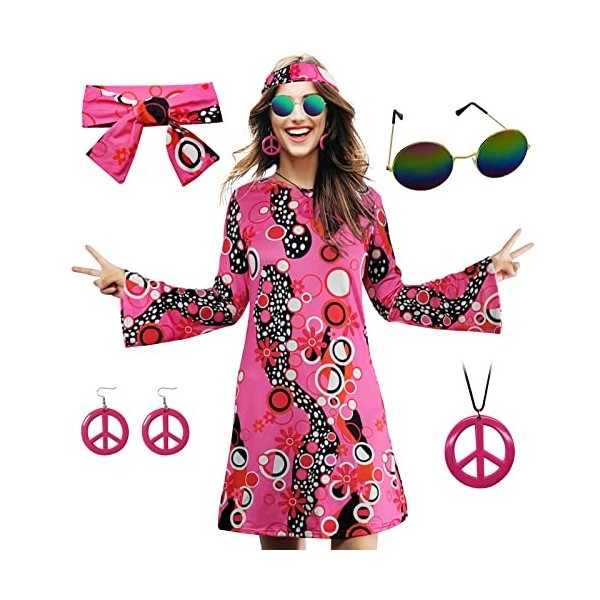 MRYUWB Robe hippie des années 70, collier, boucles doreilles, lunettes de soleil pour femme, tenue disco pour femme, costume