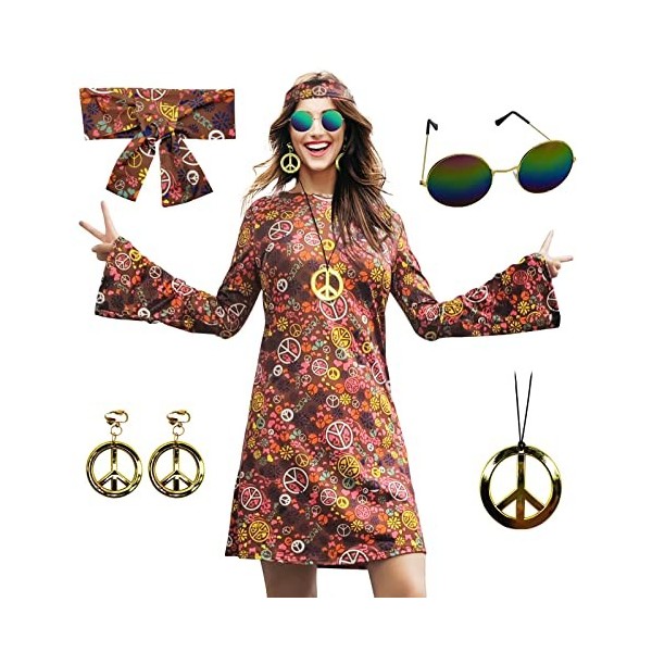 MRYUWB Robe hippie des années 70, collier, boucles doreilles, lunettes de soleil pour femme, tenue disco pour femme, costume