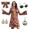 MRYUWB Robe hippie des années 70, collier, boucles doreilles, lunettes de soleil pour femme, tenue disco pour femme, costume