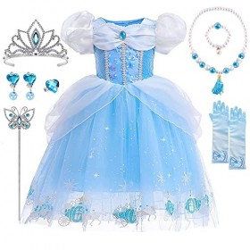 TOLOYE Costume de princesse pour filles, déguisement Cendrillon pour filles avec couronne, baguette, collier, robe de princes