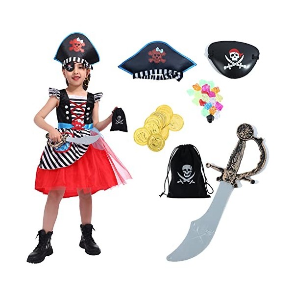 Sincere Party Robe de princesse pirate de luxe avec chapeau, épée, patch pour les yeux et porte-monnaie pirate 7-8 ans