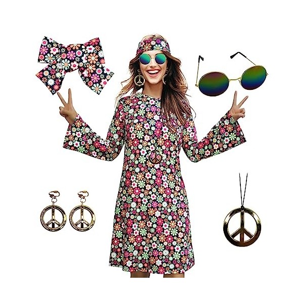 MRYUWB Robe hippie des années 70, collier, boucles doreilles, lunettes de soleil pour femme, tenue disco pour femme, costume