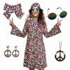 MRYUWB Robe hippie des années 70, collier, boucles doreilles, lunettes de soleil pour femme, tenue disco pour femme, costume