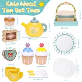 Service à thé en bois pour tout-petits, service à thé pour enfants avec support à dessert, ensemble de 17 pièces en bois pour