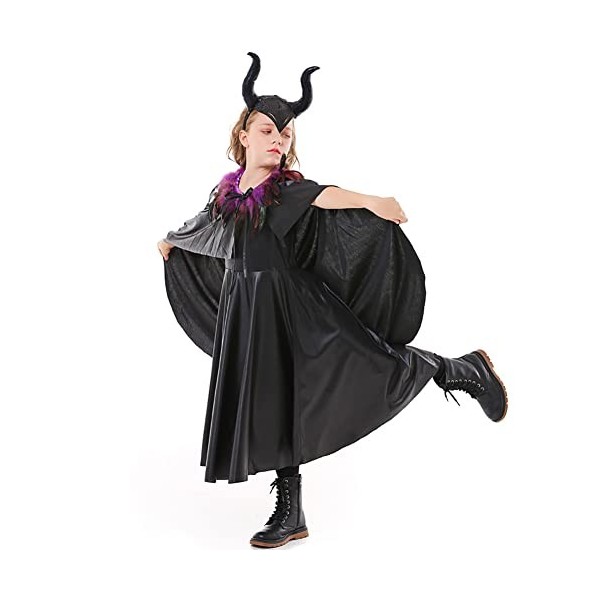 Costume dHalloween pour enfant fille Maléfique diable Costume de sorcière Princesse Robe de fête Ailes dange Cornes du diab